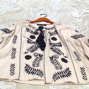 Zara Embroidered Jacket in Linen with Black Stitching
